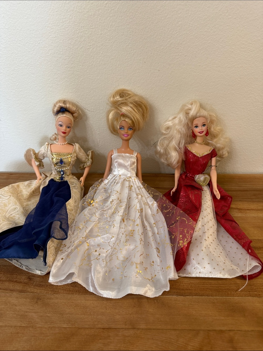 Three Vintage Barbie Fashion Dolls - Gold, White, Navy & Red Gowns